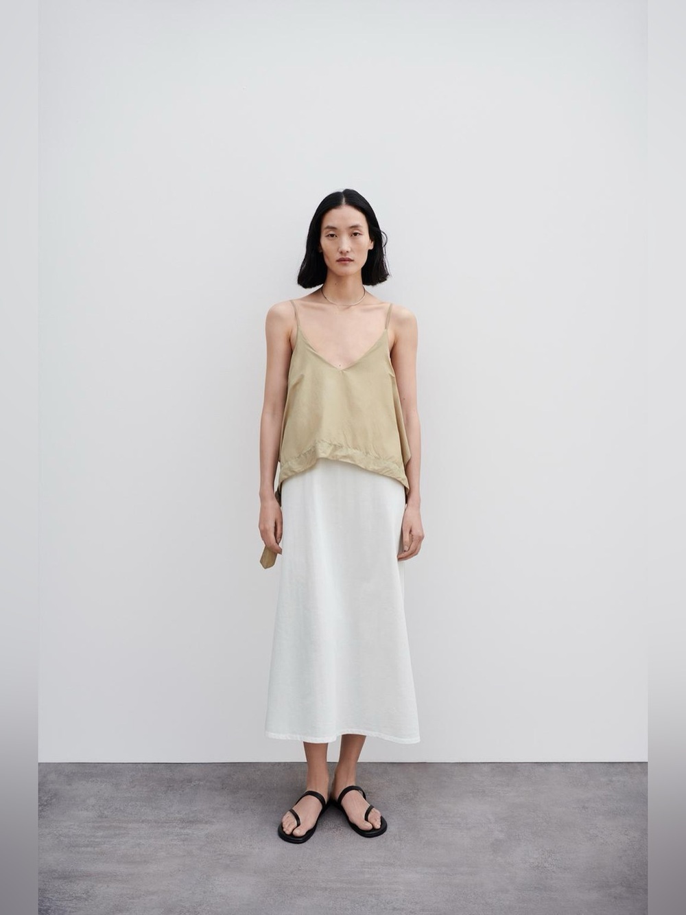 Zara Cotton Neutral Tan White Contrasting Midi Dress